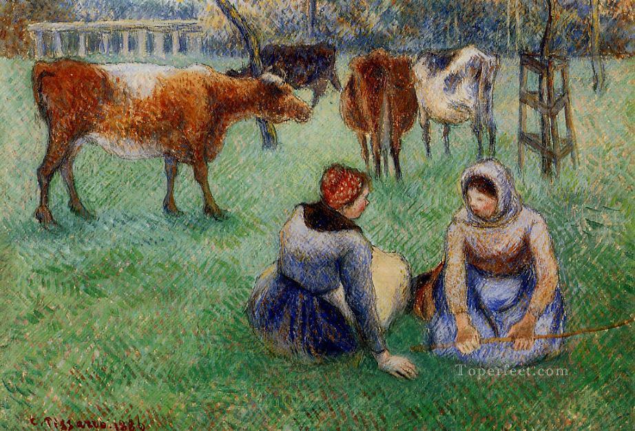 sitzt Bauern Kühe 1886 Camille Pissarro beobachten Ölgemälde